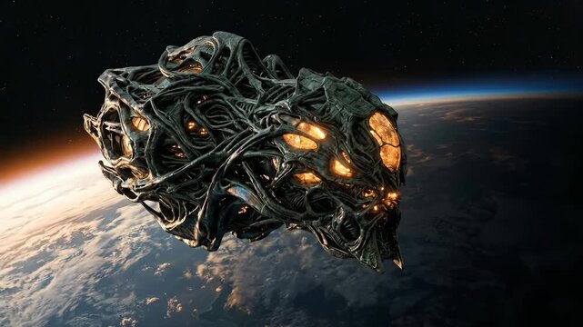 Organic alien spaceship orbiting earth. Extraterrestrial biomechanical vessel traveling through deep space. Advanced cinematic science fiction spacecraft exploration concept in dark cosmic
