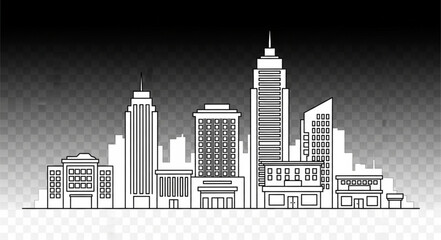 Fototapeta premium Cityscape silhouette featuring various buildings and structures against a transparent backdrop.
