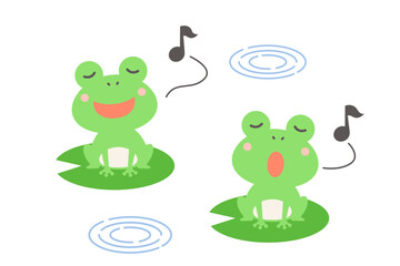 Obraz premium 歌う2匹のかわいいカエルと波紋のベクターイラスト