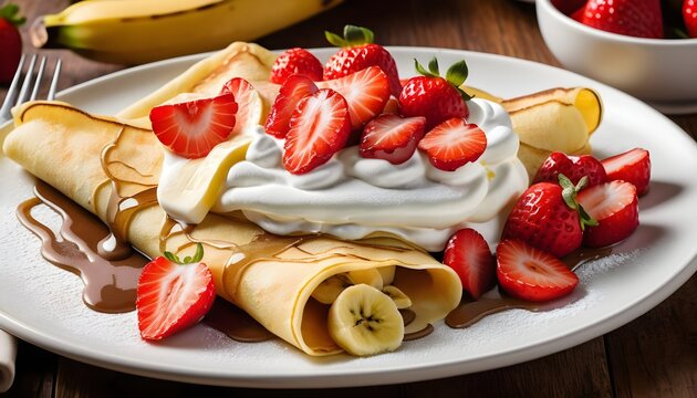 Deliciosa presentaci&oacute;n de crepes con fresas frescas, pl&aacute;tano y una pizca de crema batida.