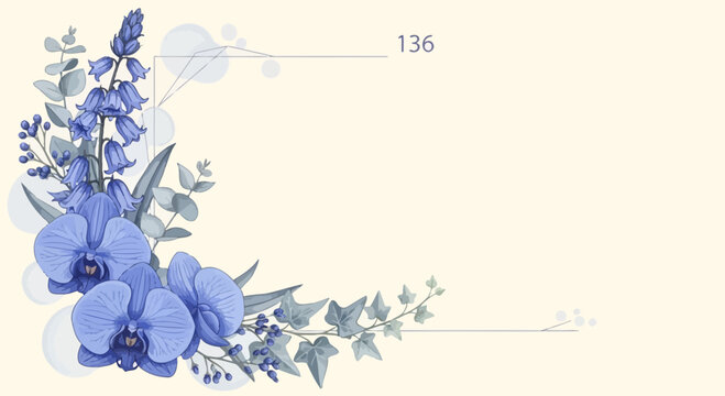 Elegant floral arrangement with blue orchids and foliage on a light background