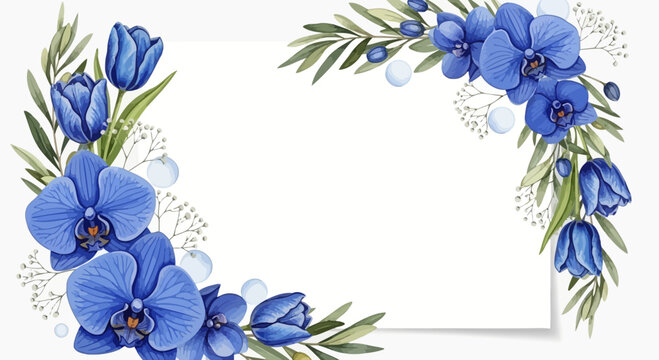 Elegant floral arrangement with blue orchids and tulips on white background