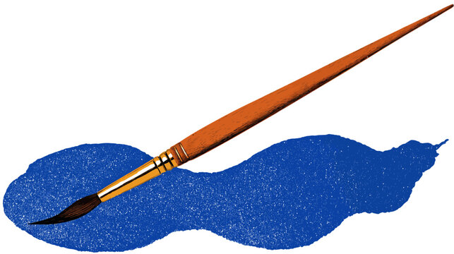 Illustration of an angled paint brush with brown handle and blue paint stroke against a white background