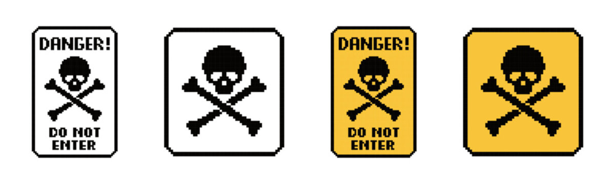 Pixelated Danger Signs with Skull Icons Vector Set