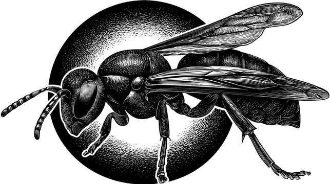 Detailed black and white engraving of a wasp, depicted against a dark circular backdrop
