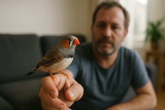 Man holding colorful zebra finch.