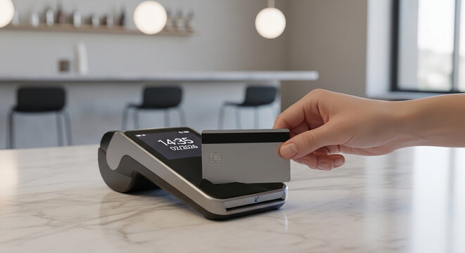 Hand inserting card into gray terminal on marble surface, representing digital payment convenience and modern finance, quick transaction process