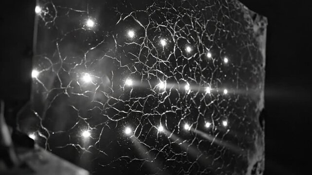 Black and white close-up of a damaged glass surface with bright lights illuminating fractures and cracks