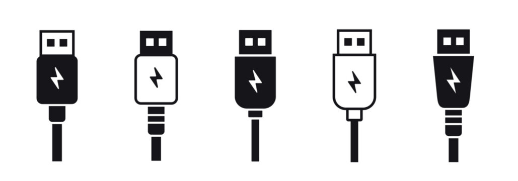 USB Charging Cables with Lightning Bolt Icons Vector Set