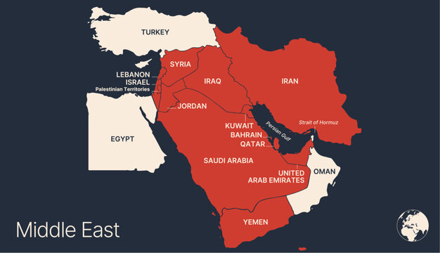 Iran war. Political middle east asia map, infographic. Detailed middle east arab asia map territory, regional nations. Global asia map middle east borders. Iran, Israel, USA war. Vector Illustration