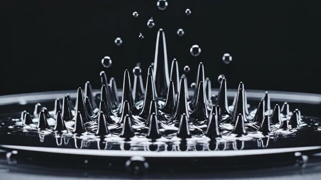 Magnetic ferrofluid liquid creates shifting black spikes and patterns, ideal for science, physics, technology, or abstract visual backgrounds.