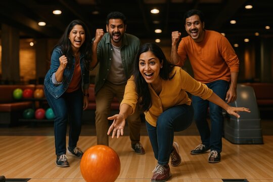 Friends enjoying fun bowling game.