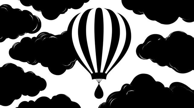 A black and white illustration of a hot air balloon with clouds around