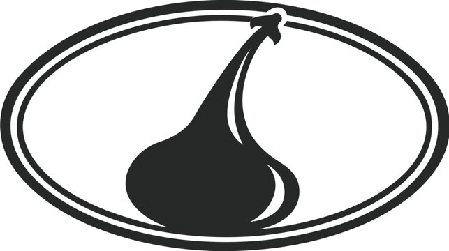 A simple, black and white icon featuring a stylized teardrop shape inside an oval frame