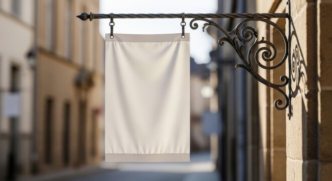 A blank white banner hanging from a decorative iron bracket on a city street