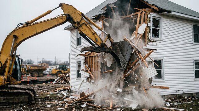 Yellow excavator demolishing old white house with dust and debris.