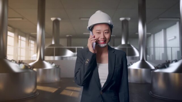 Front View of Asian Businesswoman Talking On Smartphone While Walking at Modern Stainless Steel Brewing Vats in Large Scale Beer Manufacturing Plant