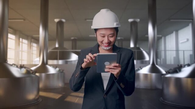 Front View of Asian Businesswoman Use Tablet While Walking at Modern Stainless Steel Brewing Vats in Large Scale Beer Manufacturing Plant