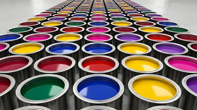 Colorful paint cans arranged in perspective rows, vibrant spectrum of colors for creative design, artistic supplies and industrial coating concept with bold visual pattern