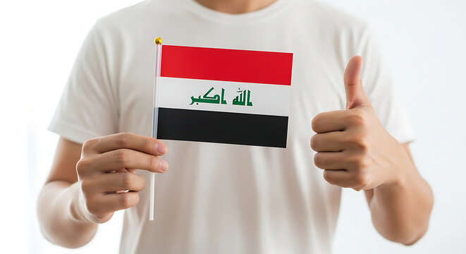 ​A person wearing a white shirt holding the Iraqi flag and giving a positive thumbs up gesture.