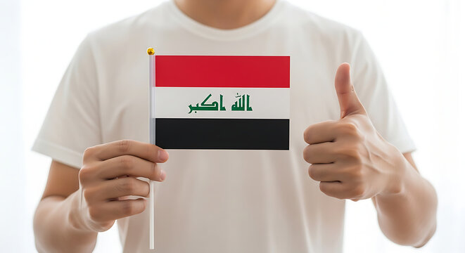 ​A person wearing a white shirt holding the Iraqi flag and giving a positive thumbs up gesture.