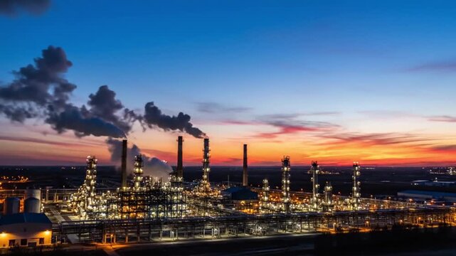 Vibrant aerial view of a sprawling oil refinery at sunset, featuring glowing industrial lighting, tall smoking chimneys, and complex petrochemical processing units under a dramatic twilight sky.