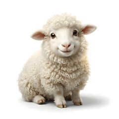 Fototapeta premium A fluffy, adorable baby lamb with a sweet smile sits peacefully on a white background, exuding innocence and charm