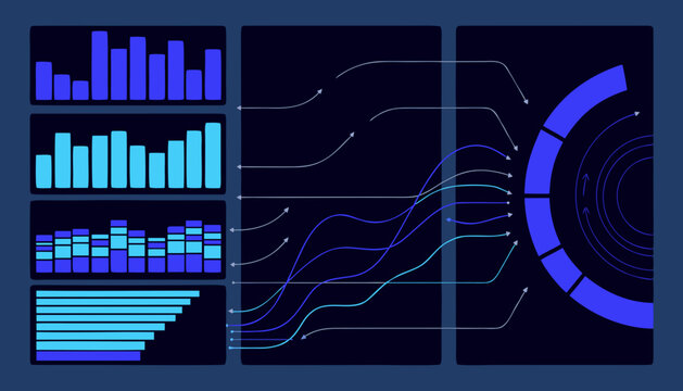 A vector graphic illustration of various blue data visualization charts and graphs on a dark background