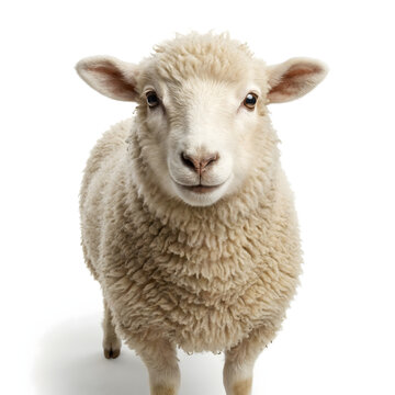 An endearing close-up portrait of a fluffy white lamb, its gentle face and thick woolly fleece captured directly, set against a pristine white background, conveying innocence and natural beauty