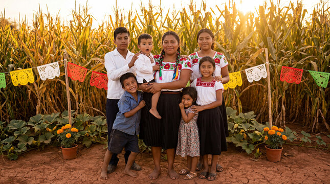 Young Huastec Indigenous Mother with Six Children at Cornfield Edge at Golden Hour &mdash; Rural Mexico D&iacute;a de la Madre Family Portrait