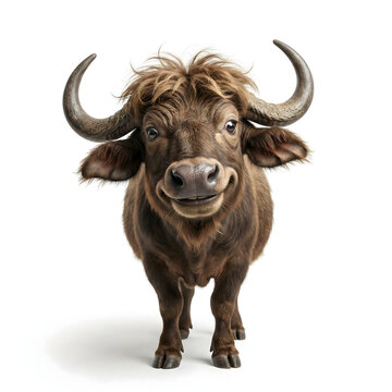 Cute brown buffalo calf with fluffy fur and small horns, smiles directly at camera. Isolated on white, this charming portrait captures pure innocence and natural wildlife beauty