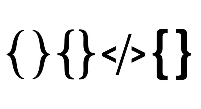 Abstract graphic illustration featuring curly braces and angle brackets, symbolizing programming, coding, and web development concepts on a clean white background.