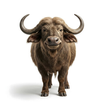 Striking Digital Illustration of a Powerful African Cape Buffalo, Showcasing its Impressive Horns and a Remarkably Expressive, Almost Smiling Face, Poised Confidently on a Clean White Backdrop