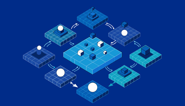 A vector graphic illustration of a network connection concept with isometric blocks and spheres on a blue background