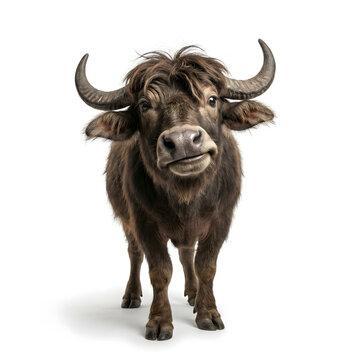 Adorable and Expressive Water Buffalo Calf with Shaggy Hair and Impressive Horns Standing Playfully on a Pristine White Background, Looking Directly at Camera