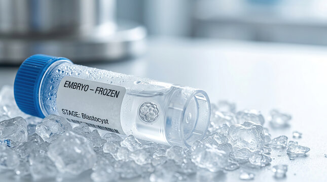Close view of frozen blastocyst embryo vial resting on crushed cold ice inside medical clinic laboratory offering hopeful future for fertility reproduction and biotechnology science
