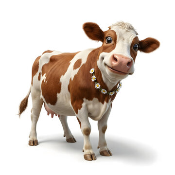 Cheerful brown and white dairy cow smiling with a daisy chain, representing natural charm and wholesome freshness, isolated on a bright white background