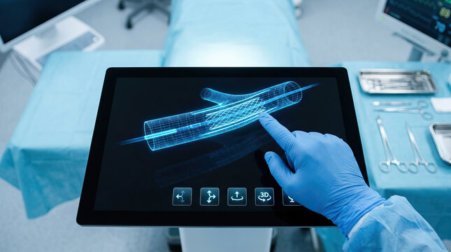 Focused doctor hand in blue surgical glove using futuristic tablet displaying glowing hologram of blood vessel artery and stent inside modern operating room with medical equipment