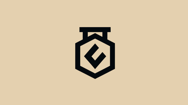 Minimalist black emblem featuring geometric shapes and an abstract "C" in a light brown background