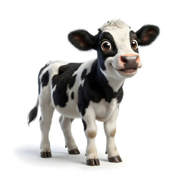 A cheerful black and white calf standing on a white background, with a curious expression and a playful smile
