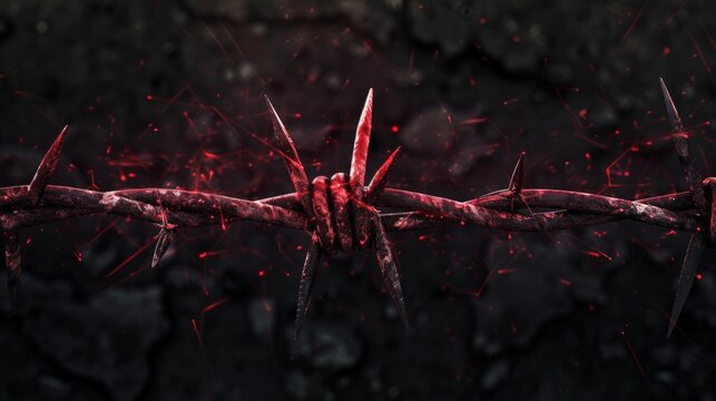 A close up of a wire with a red hand wrapped around it. The wire is covered in red splatters and the hand is covered in blood. The image has a dark and ominous mood, with the red splatters