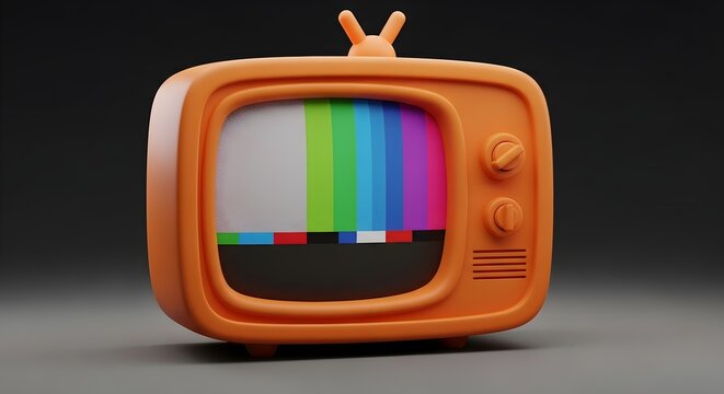 Stylized vintage orange 3D television set with a color bar test pattern screen