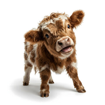 Adorable fluffy Highland cow calf with a curious expression looking directly at the viewer, captured in a studio setting on a clean white background