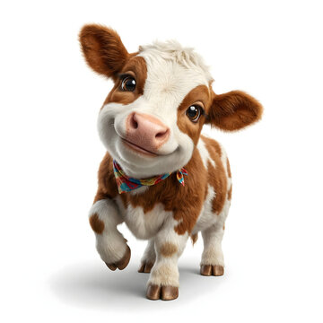 A charming brown and white spotted calf with a joyful smile and colorful bandana, radiating pure innocence and playful spirit, ideal for heartwarming visuals