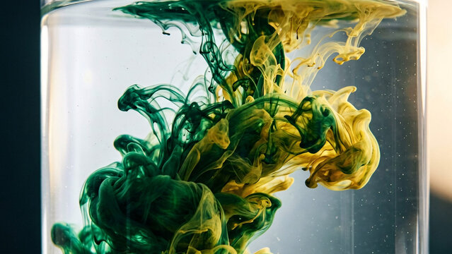 Abstract green and yellow ink swirls diffusing in clear water.