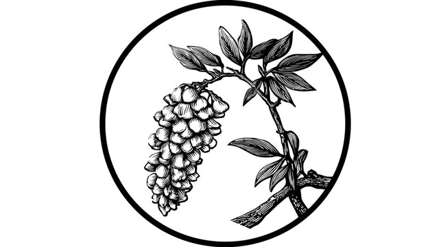 Artistic depiction of a grapevine and its leaves within a circular, bold frame