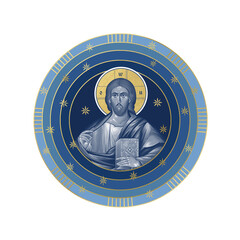 Fototapeta premium Jesus Christ. Starry sky round illustration in Byzantine style