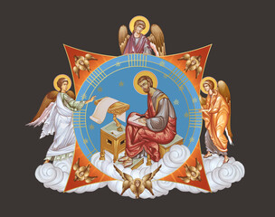 Fototapeta premium Apostle Luke. Illustration in Byzantine style with angels and seraphim