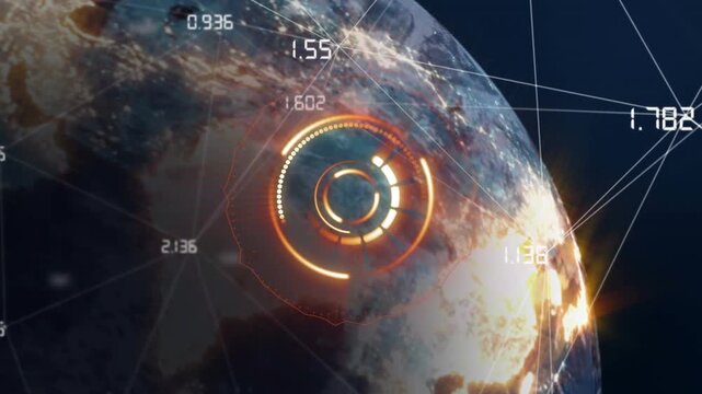 Animation of network of connections and scan scoping over globe on dark background
