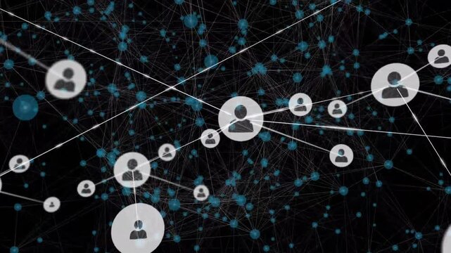 Animation of network of connections with icons over black background with constellations